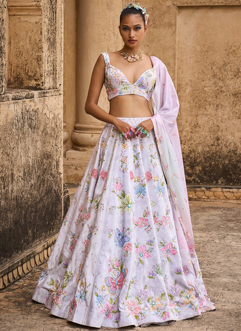 Light Grey Embellished Velvet Lehenga - Lashkaraa