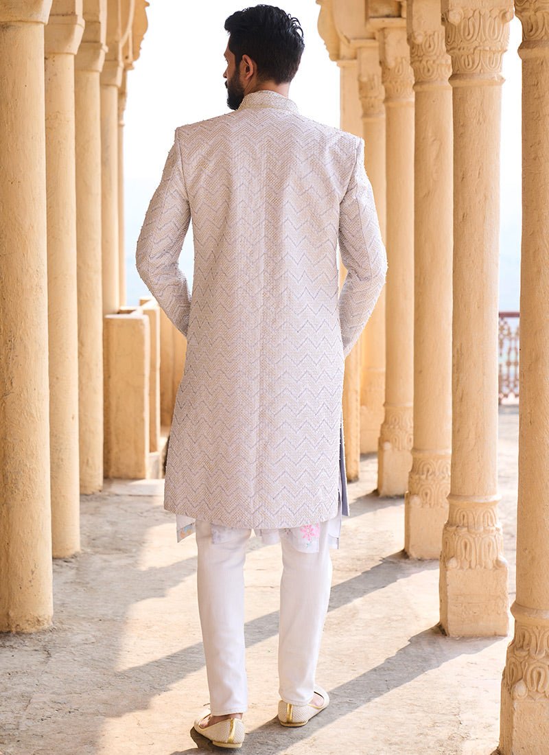 Light Grey Hand Embroidered Velvet Jodhpuri Set - Lashkaraa