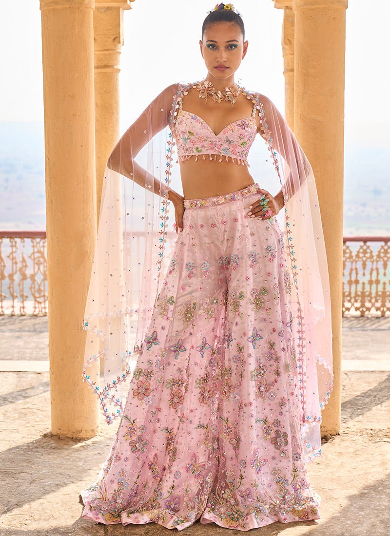Light Pink Embellished Crop Sharara Set - Lashkaraa