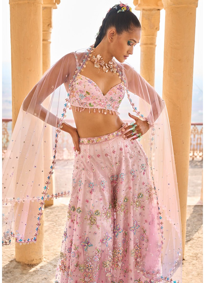 Light Pink Embellished Crop Sharara Set - Lashkaraa
