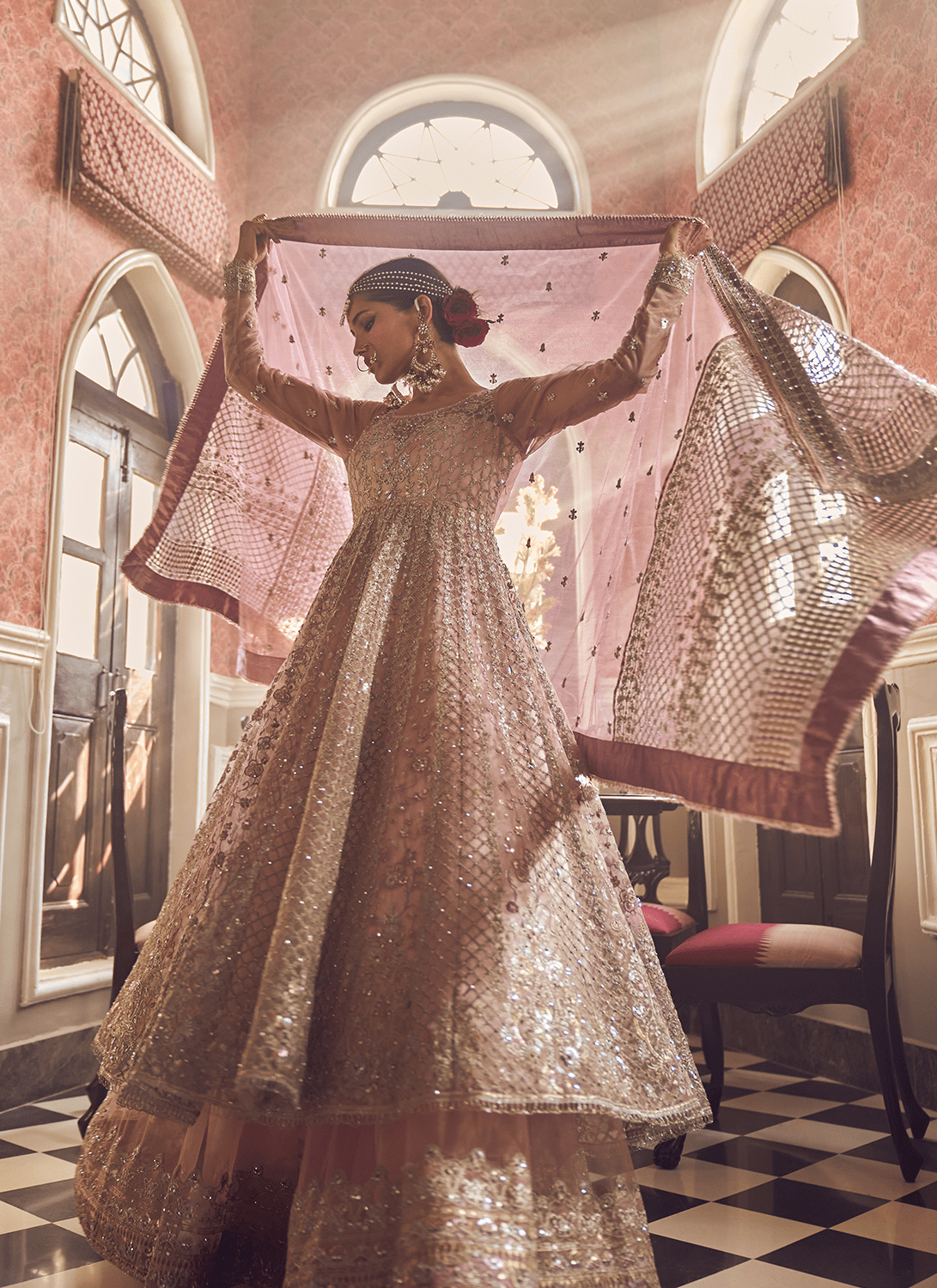 Light Pink Embroidered Anarkali Style Sharara Suit - Lashkaraa