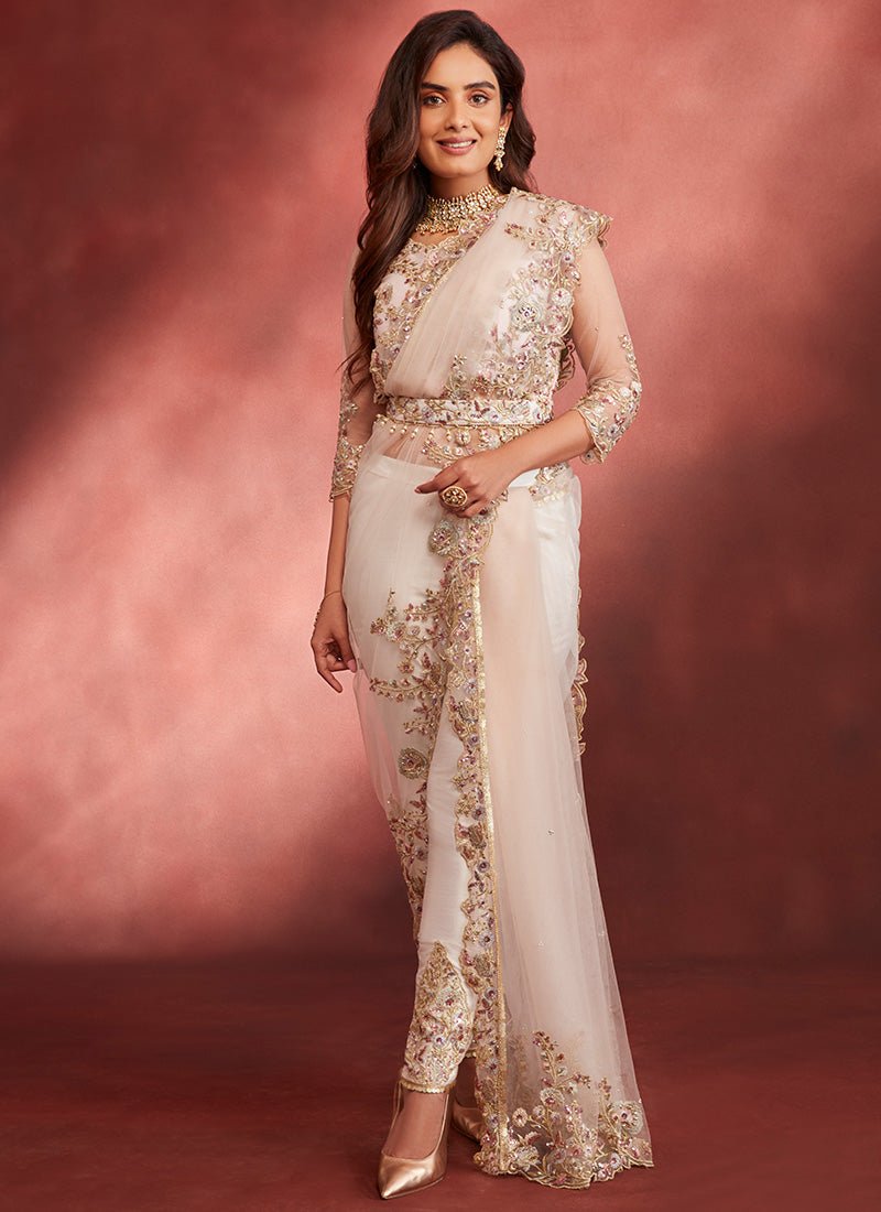 Light Pink Embroidered Pant Style Saree - Lashkaraa