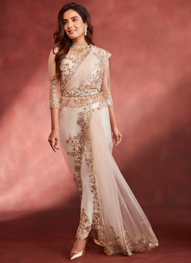 Light Pink Embroidered Pant Style Saree - Lashkaraa