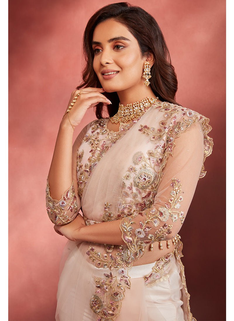 Light Pink Embroidered Pant Style Saree - Lashkaraa