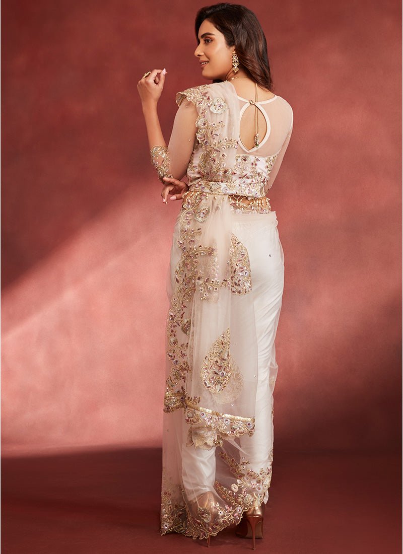Light Pink Embroidered Pant Style Saree - Lashkaraa