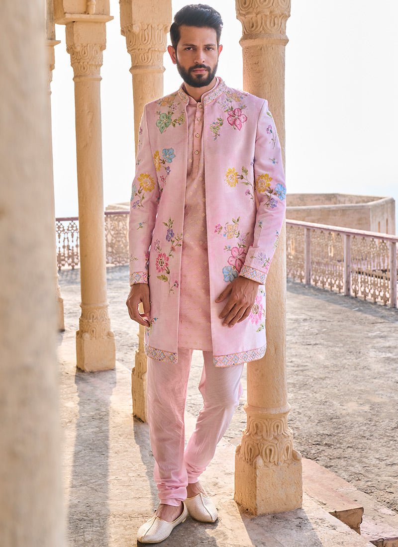 Light Pink Hand Embroidered Velvet Jodhpuri Set - Lashkaraa