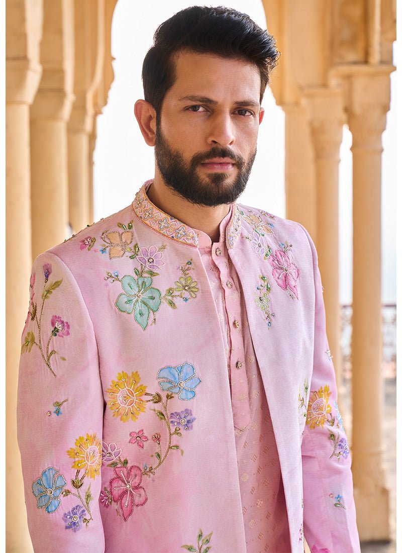 Light Pink Hand Embroidered Velvet Jodhpuri Set - Lashkaraa