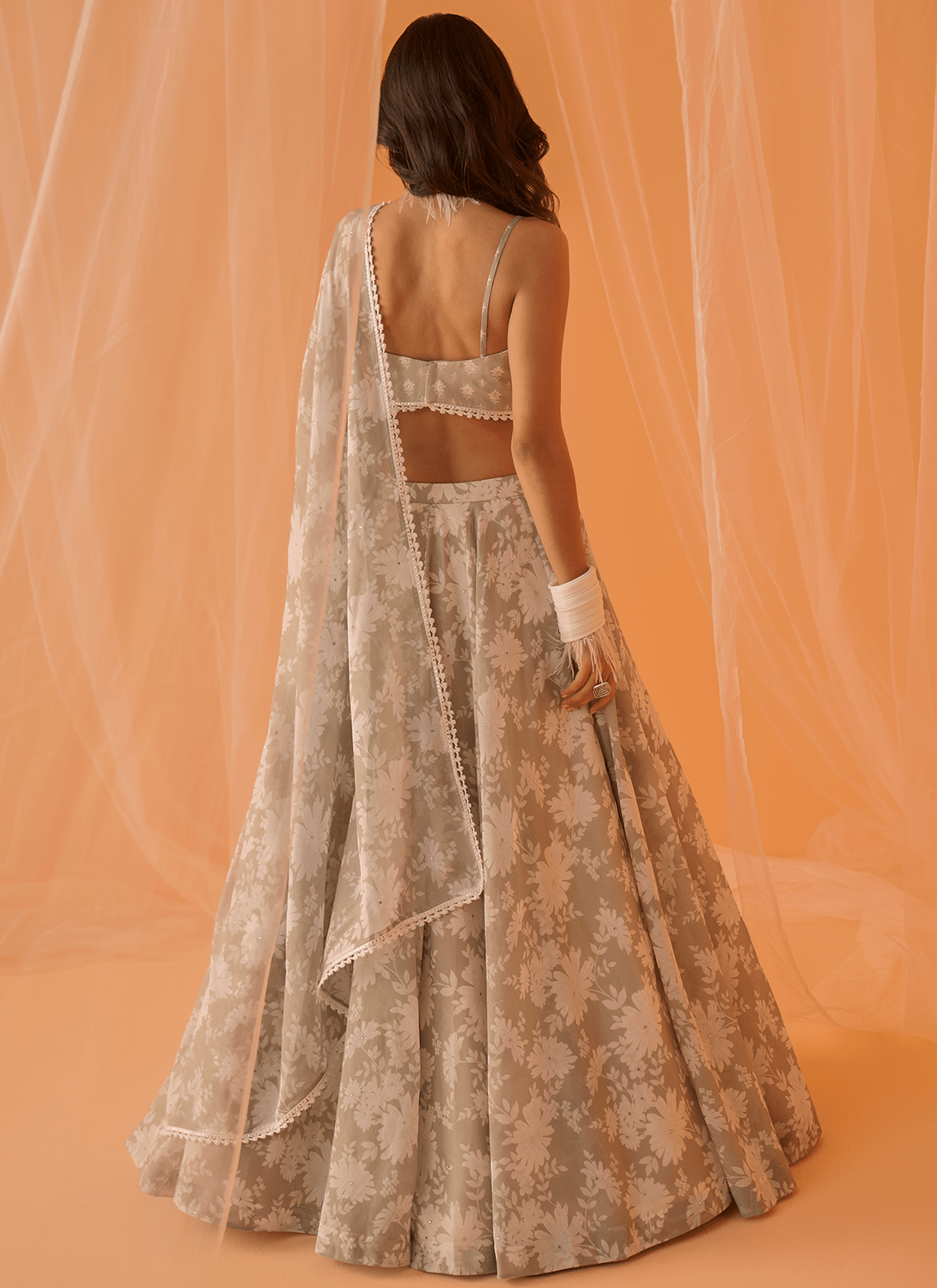Light Sage White Floral Printed Lehenga - Lashkaraa