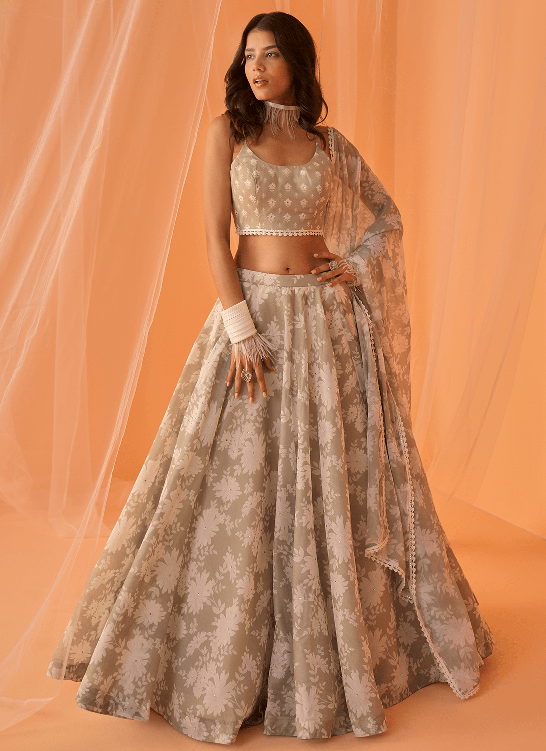 Light Sage White Floral Printed Lehenga - Lashkaraa