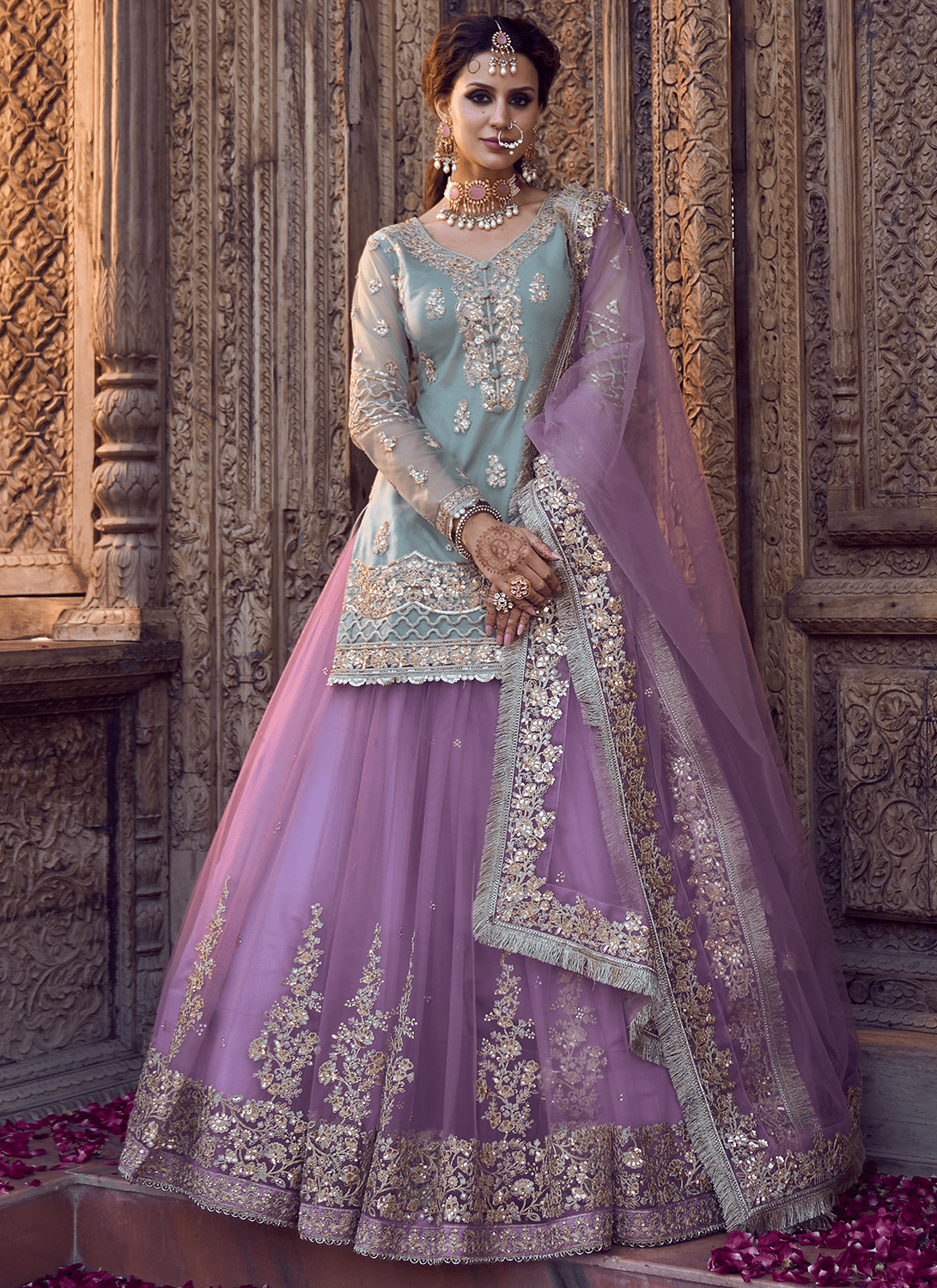 Mint and Light Purple Kurti Style Lehenga - Lashkaraa