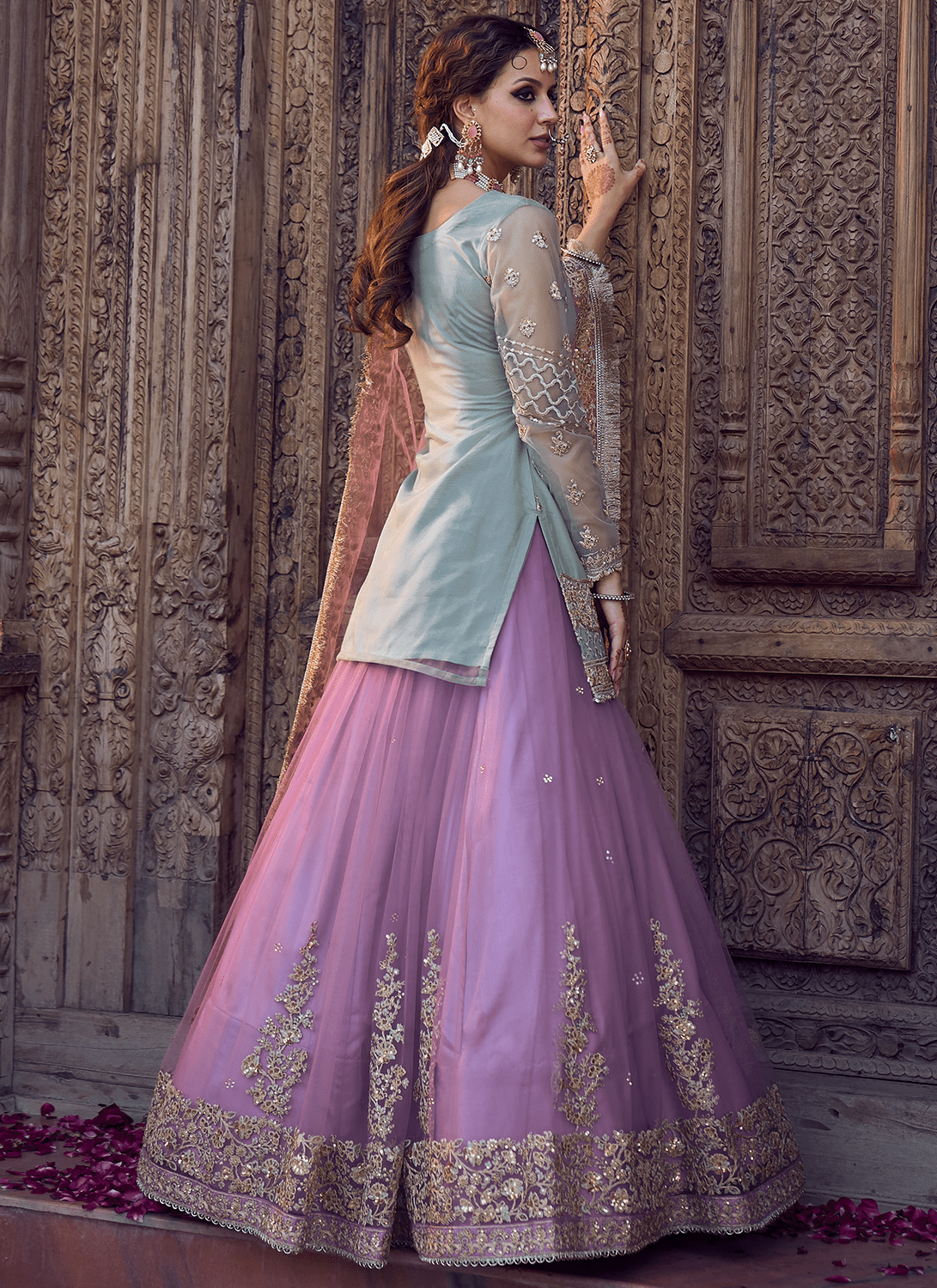 Mint and Light Purple Kurti Style Lehenga - Lashkaraa