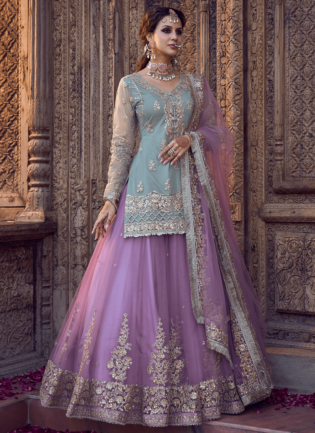 Mint and Light Purple Kurti Style Lehenga - Lashkaraa