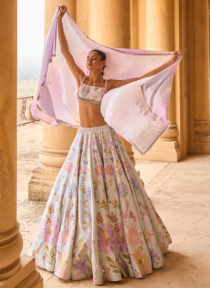 Mint and Purple Embellished Velvet Lehenga - Lashkaraa
