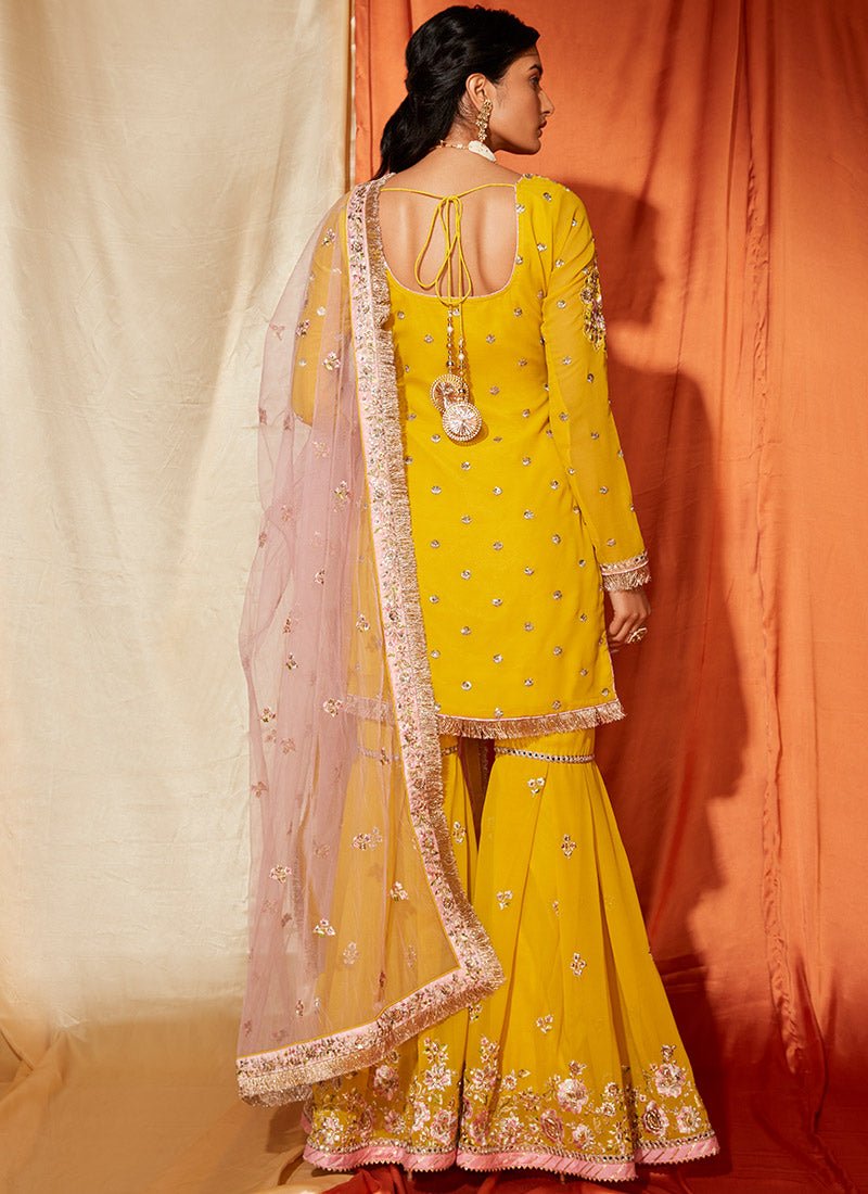 Mustard and Light Pink Georgette Gharara Suit - Lashkaraa