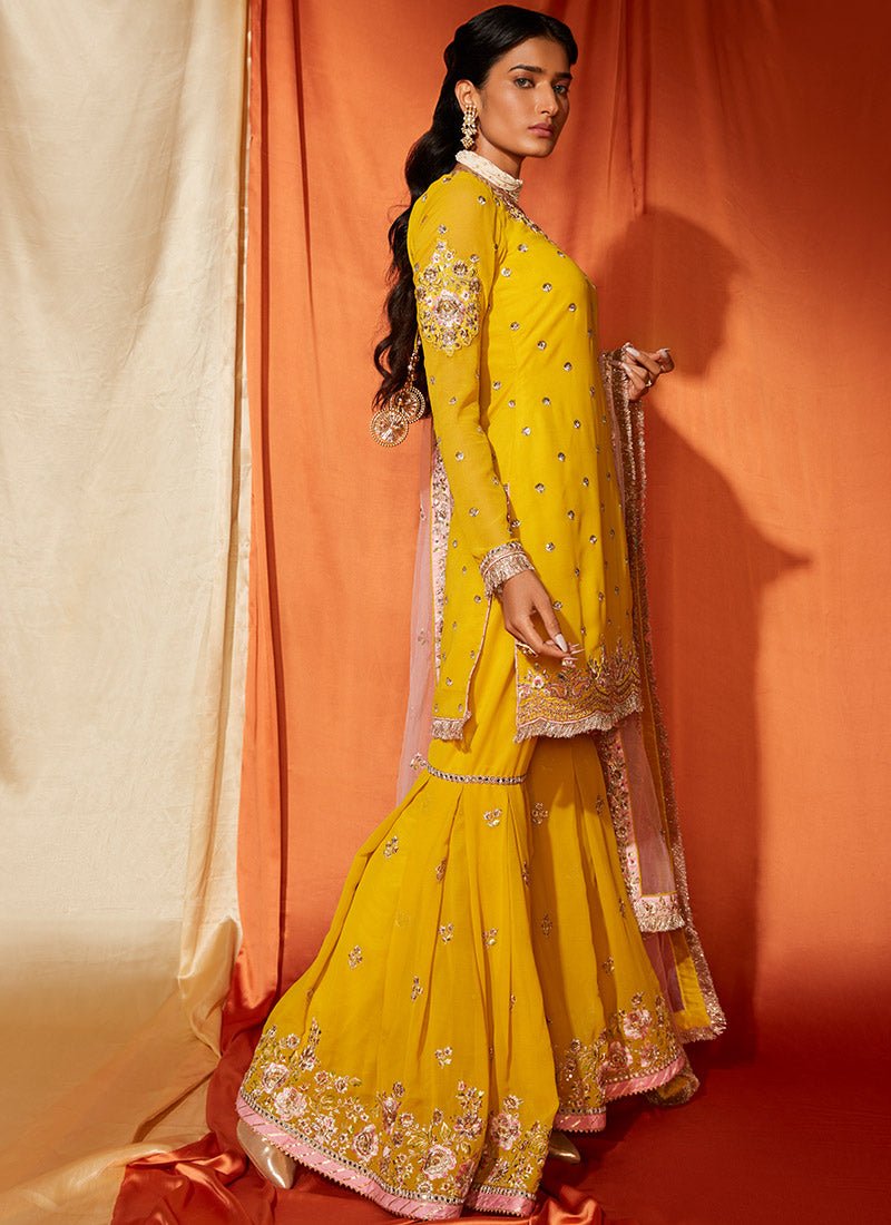Mustard and Light Pink Georgette Gharara Suit - Lashkaraa