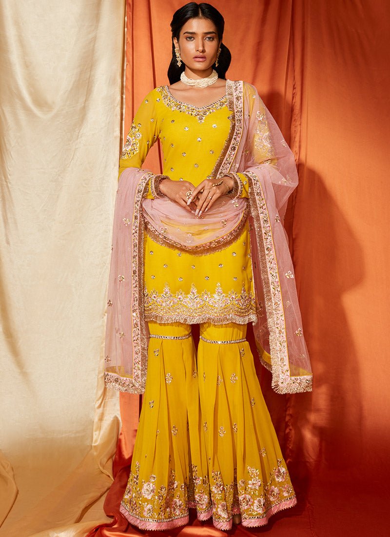 Mustard and Light Pink Georgette Gharara Suit - Lashkaraa