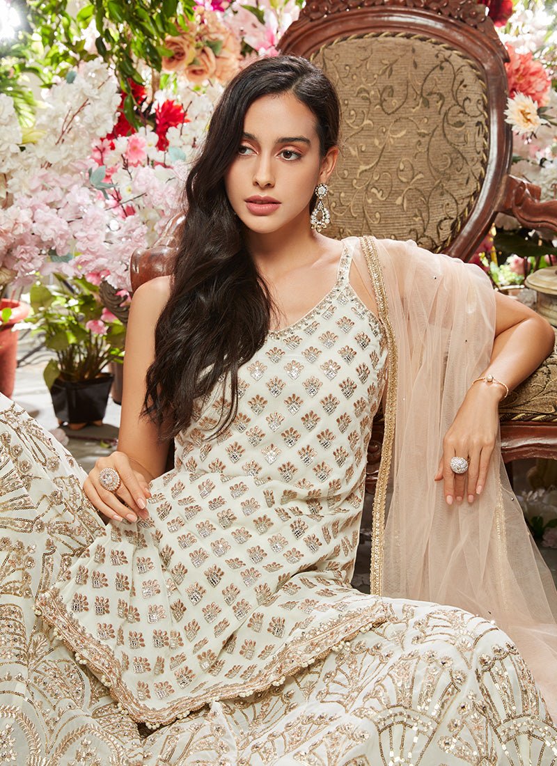 Off White and Gold Sharara Suit - Lashkaraa