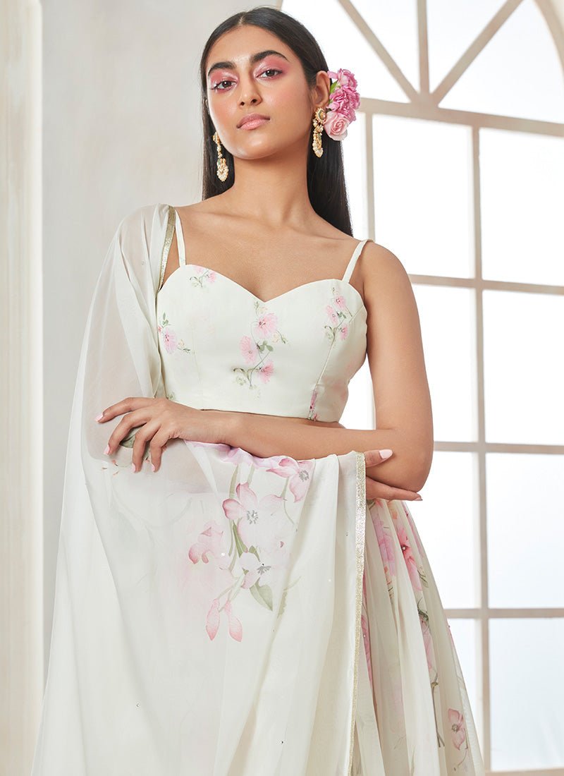 Off White and Pink Printed Georgette Lehenga - Lashkaraa