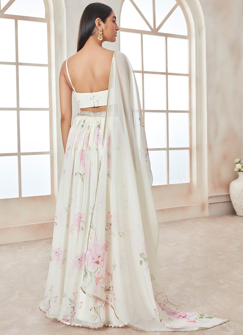 Off White and Pink Printed Georgette Lehenga - Lashkaraa
