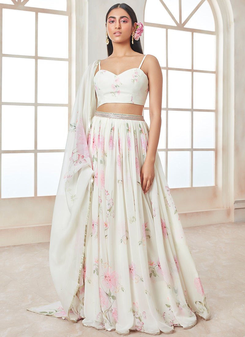 Off White and Pink Printed Georgette Lehenga - Lashkaraa
