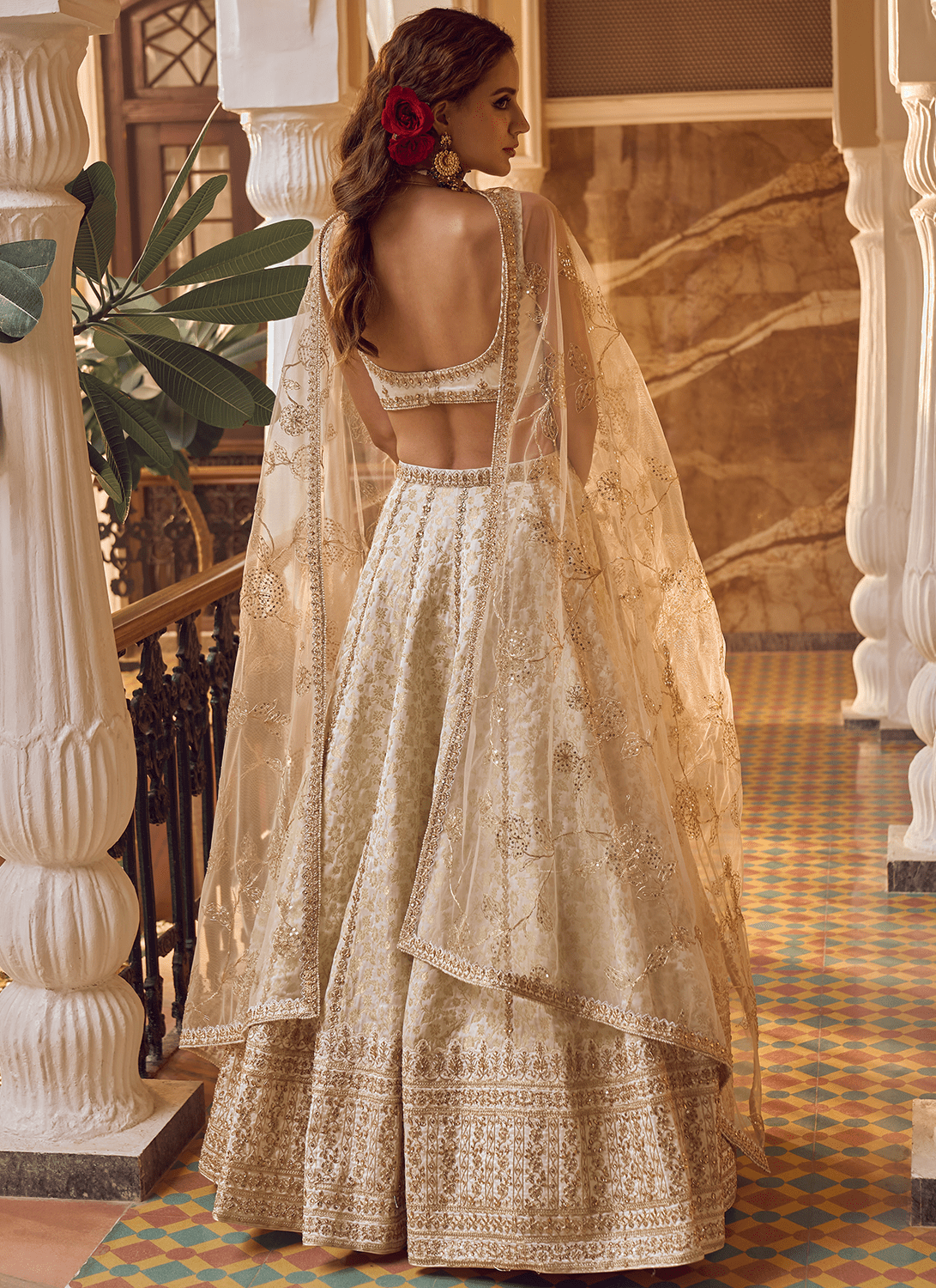 Off White Embroidered Brocade Lehenga - Lashkaraa