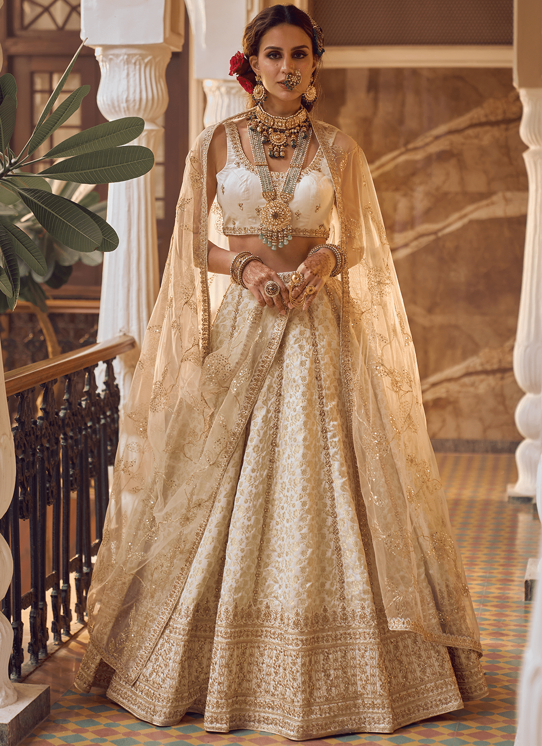 Off White Embroidered Brocade Lehenga - Lashkaraa