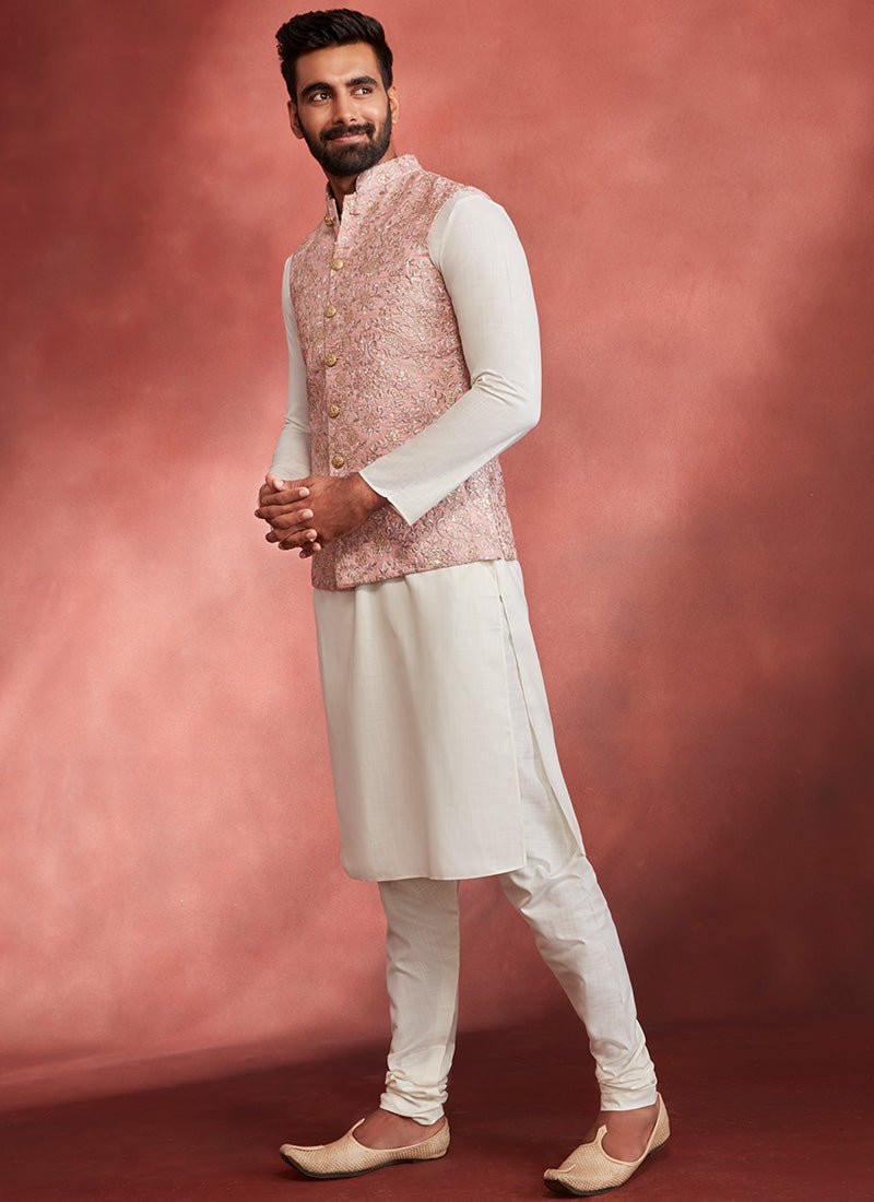 Off White Kurta and Pink Nehru Jacket Set - Lashkaraa