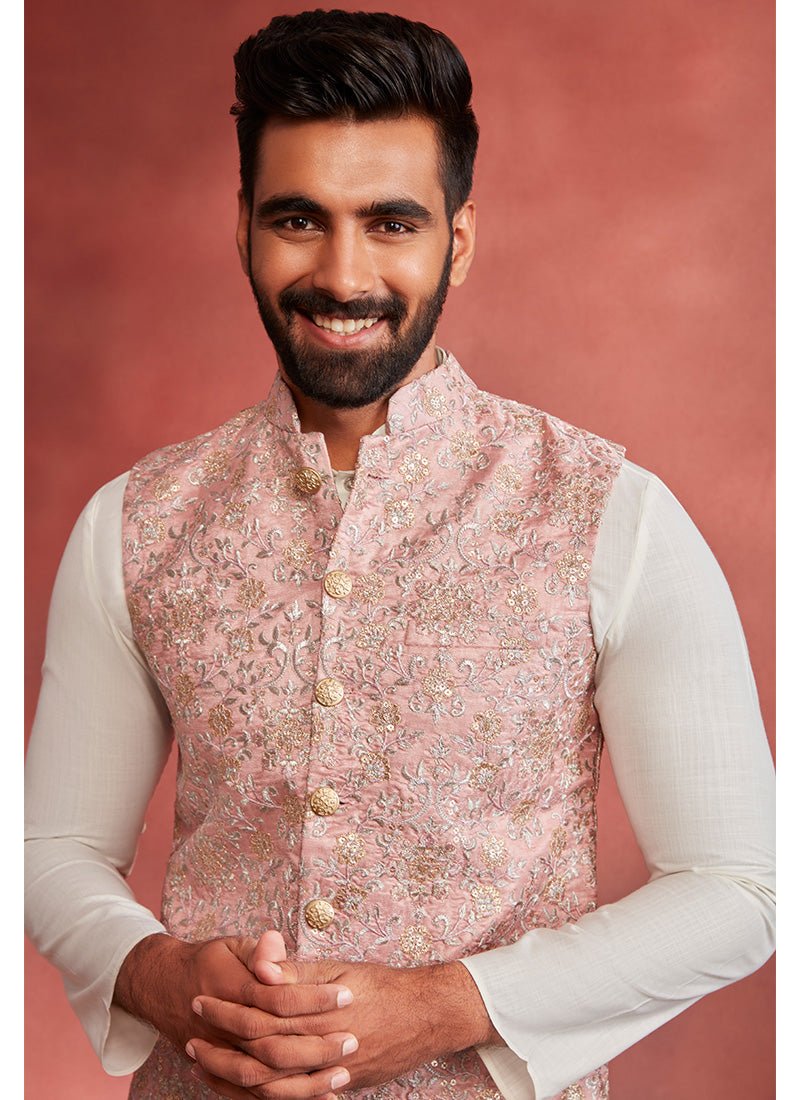Off White Kurta and Pink Nehru Jacket Set - Lashkaraa