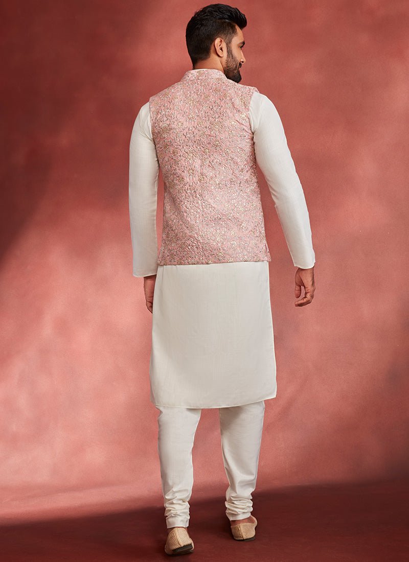 Off White Kurta and Pink Nehru Jacket Set - Lashkaraa