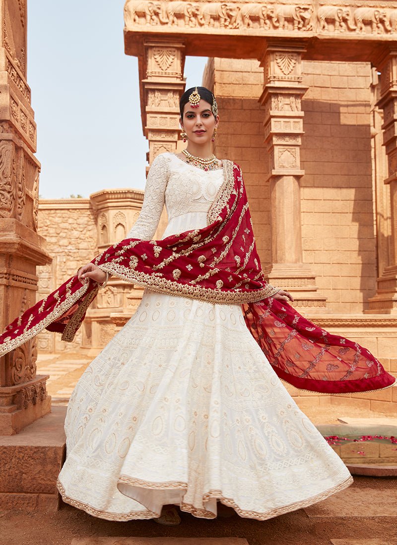 Off White Lakhnavi Anarkali With Maroon Dupatta - Lashkaraa
