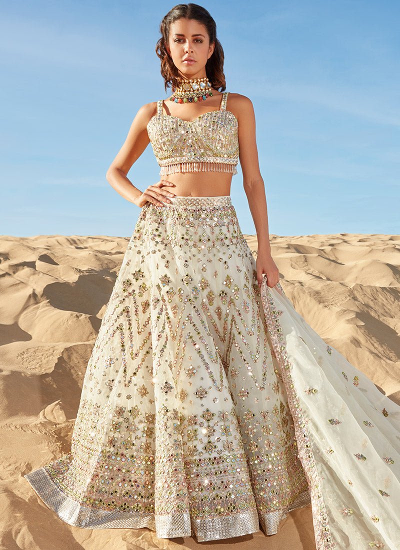 Off White Mirror Embroidered Organza Lehenga - Lashkaraa