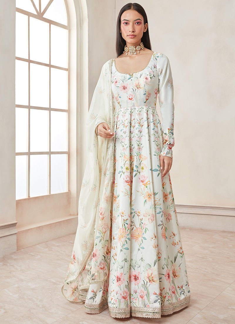 Off White Multicolor Floral Printed Anarkali - Lashkaraa