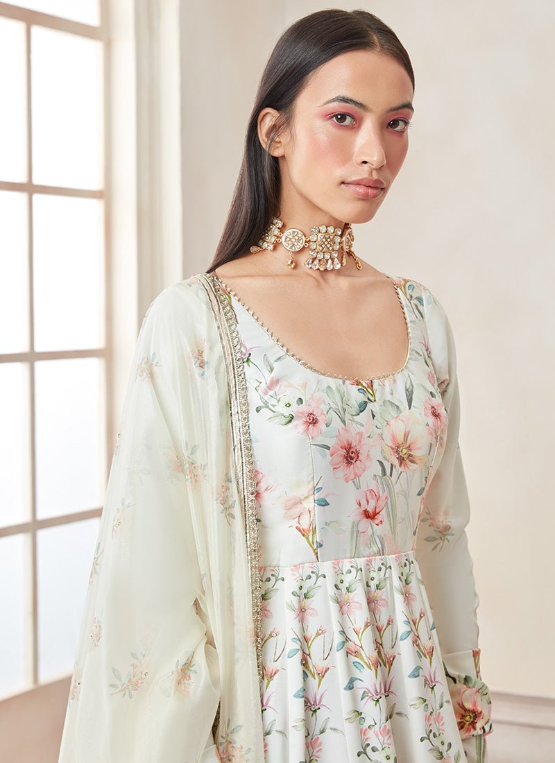 Off White Multicolor Floral Printed Anarkali - Lashkaraa