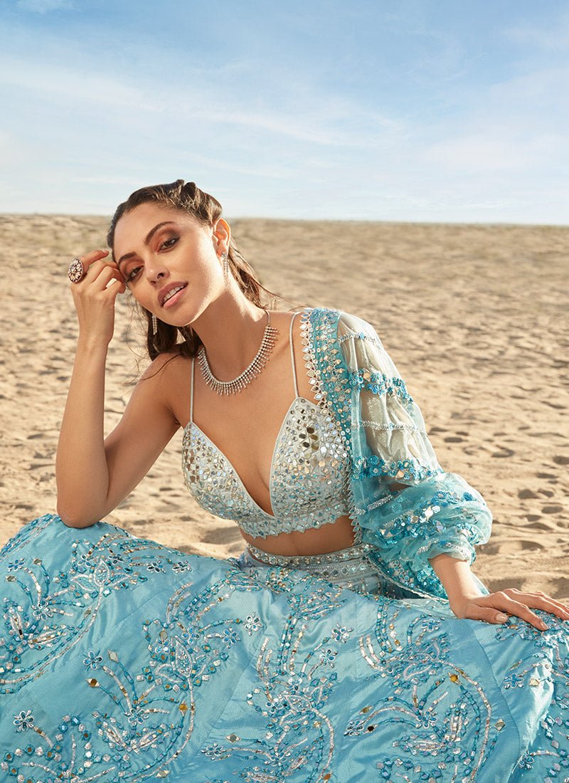 Ombré Blue Mirror Embroidered Silk Lehenga - Lashkaraa