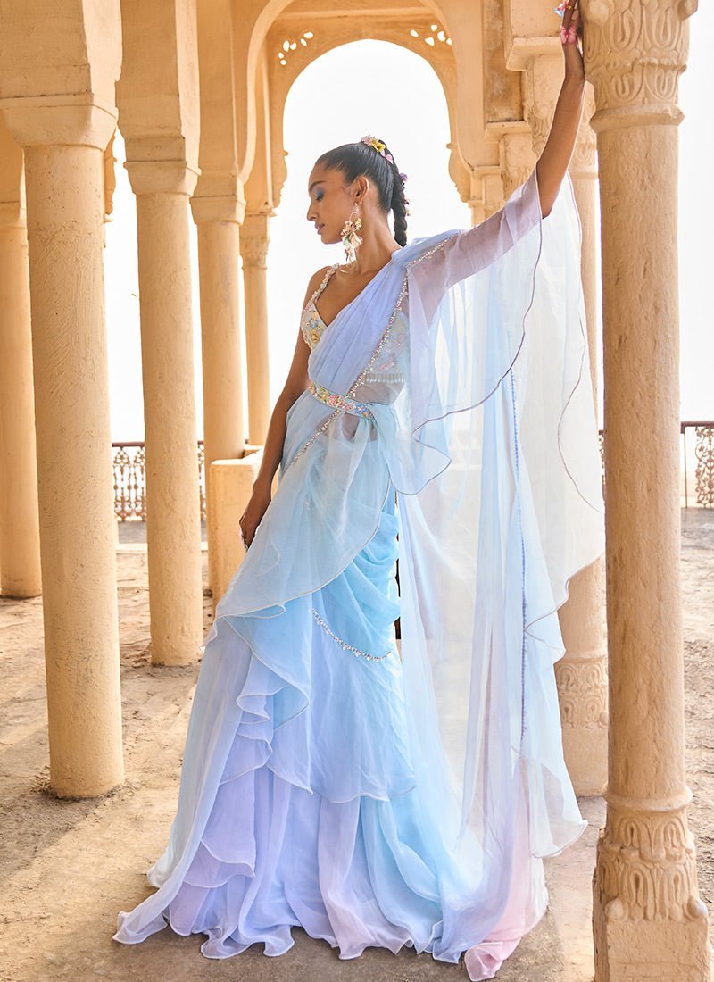 Ombre Blue Ruffled Chiffon Saree - Lashkaraa