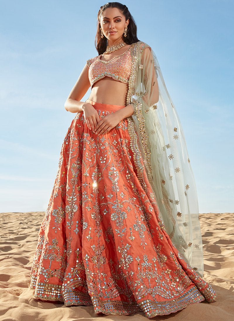 Orange and Mint Mirror Embroidered Silk Lehenga - Lashkaraa
