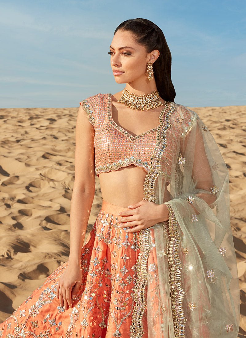 Orange and Mint Mirror Embroidered Silk Lehenga - Lashkaraa