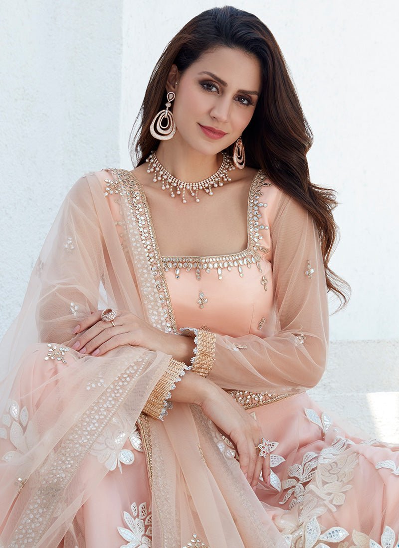 Peach Foil Embroidered Net Lehenga - Lashkaraa