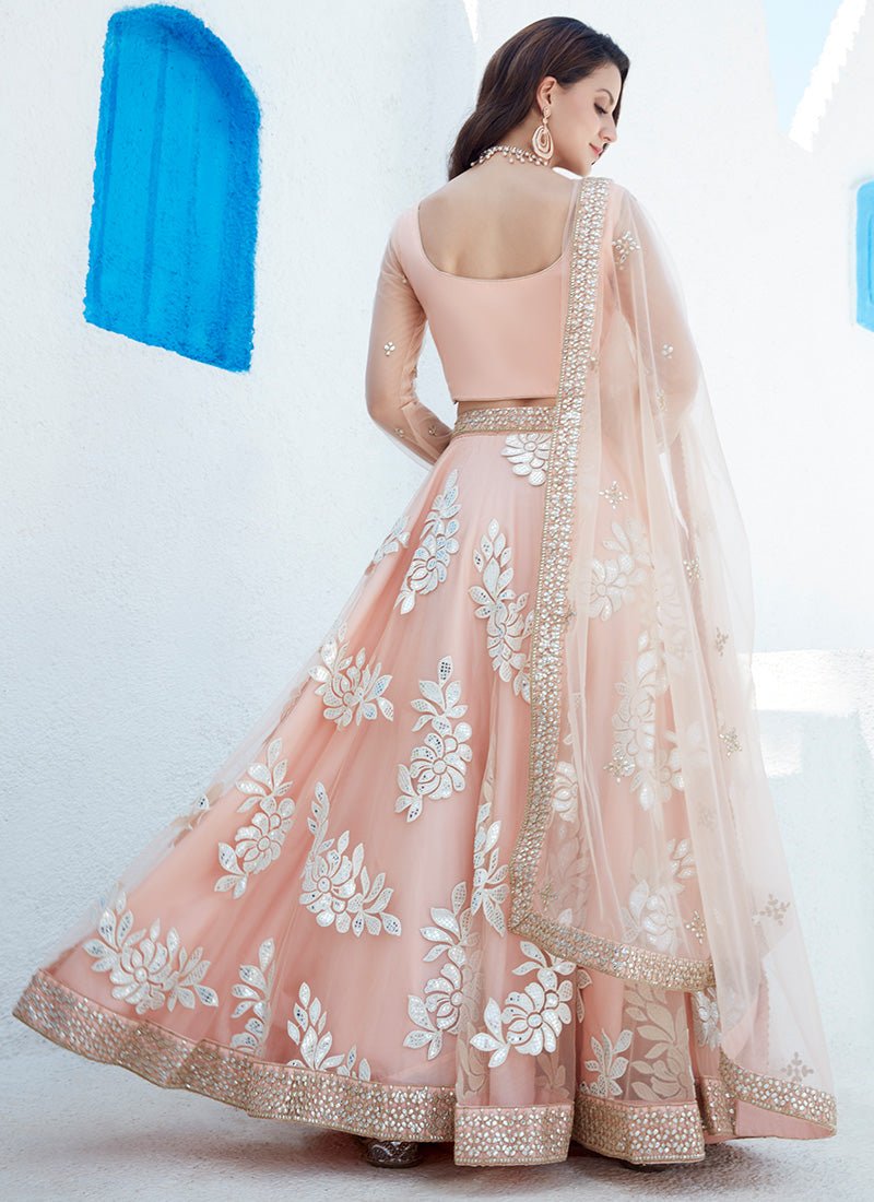 Peach Foil Embroidered Net Lehenga - Lashkaraa