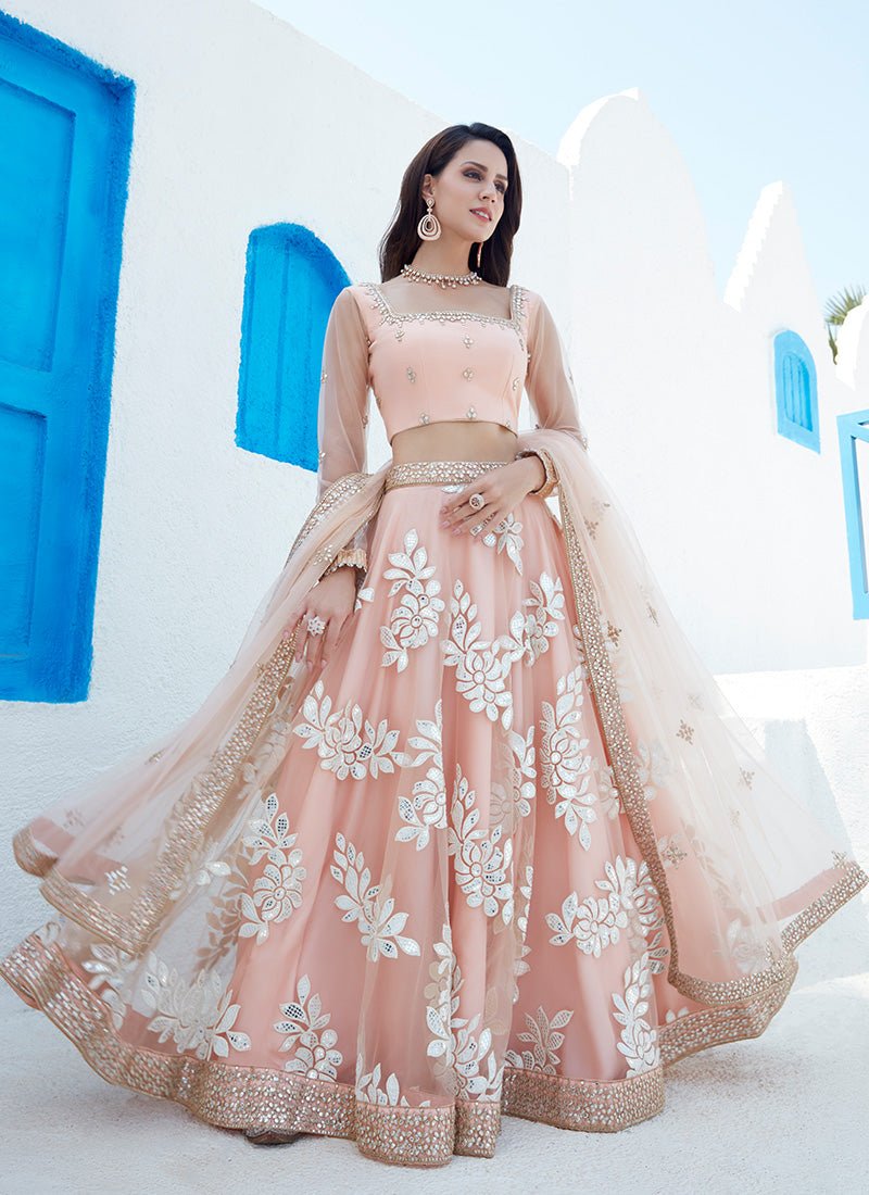 Peach Foil Embroidered Net Lehenga - Lashkaraa