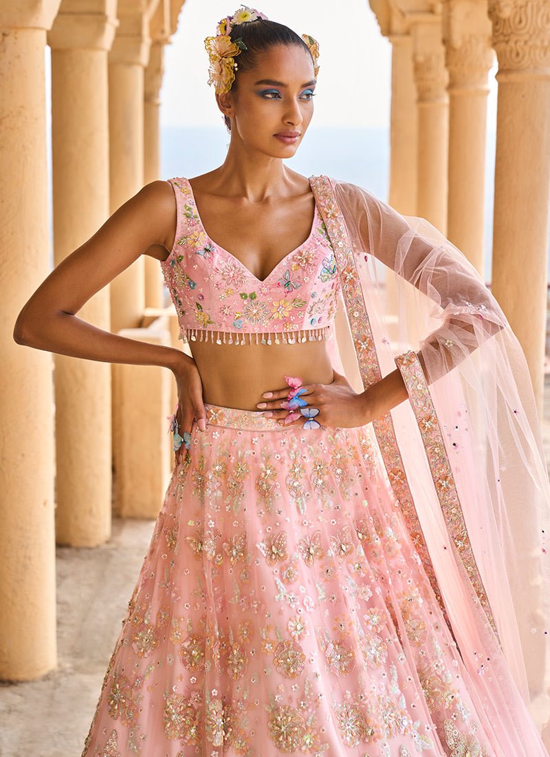 Peach Heavy Embellished Net Lehenga - Lashkaraa