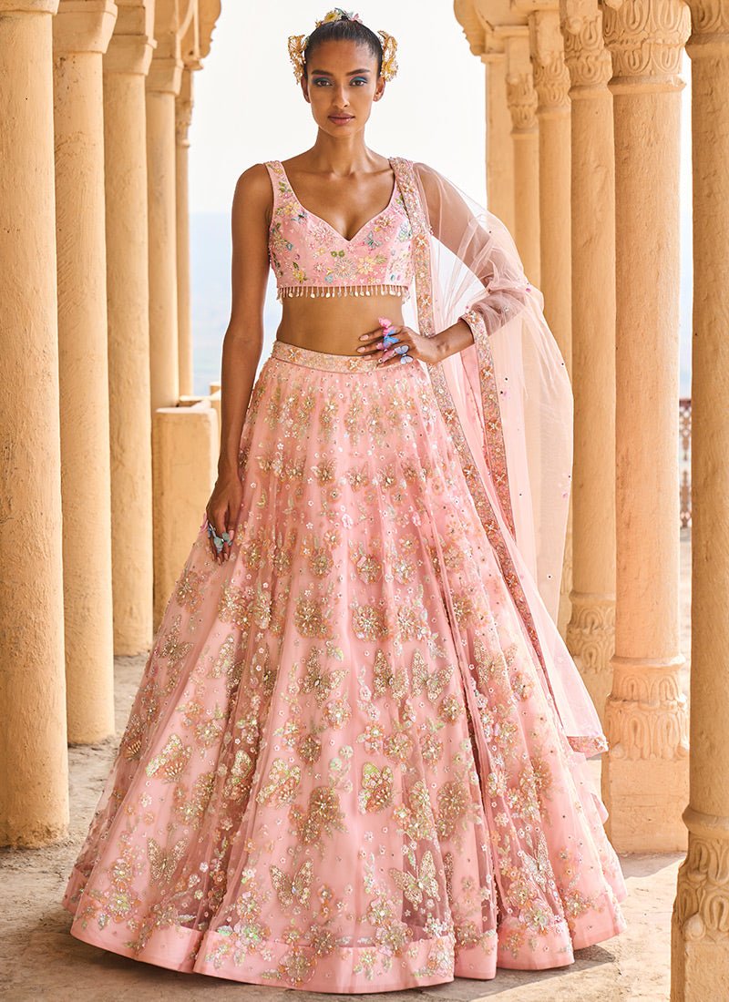 Peach Heavy Embellished Net Lehenga - Lashkaraa