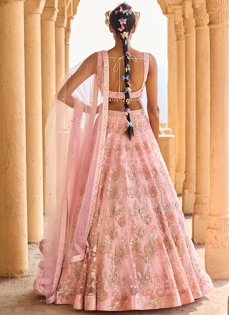 Peach Heavy Embellished Net Lehenga - Lashkaraa
