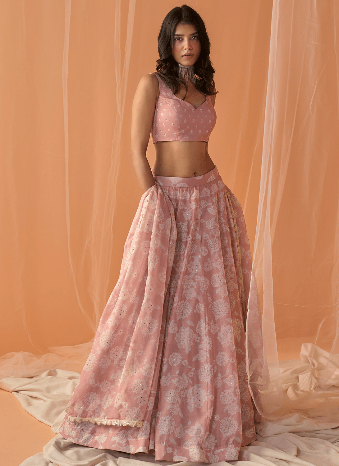 Peach White Floral Printed Lehenga - Lashkaraa