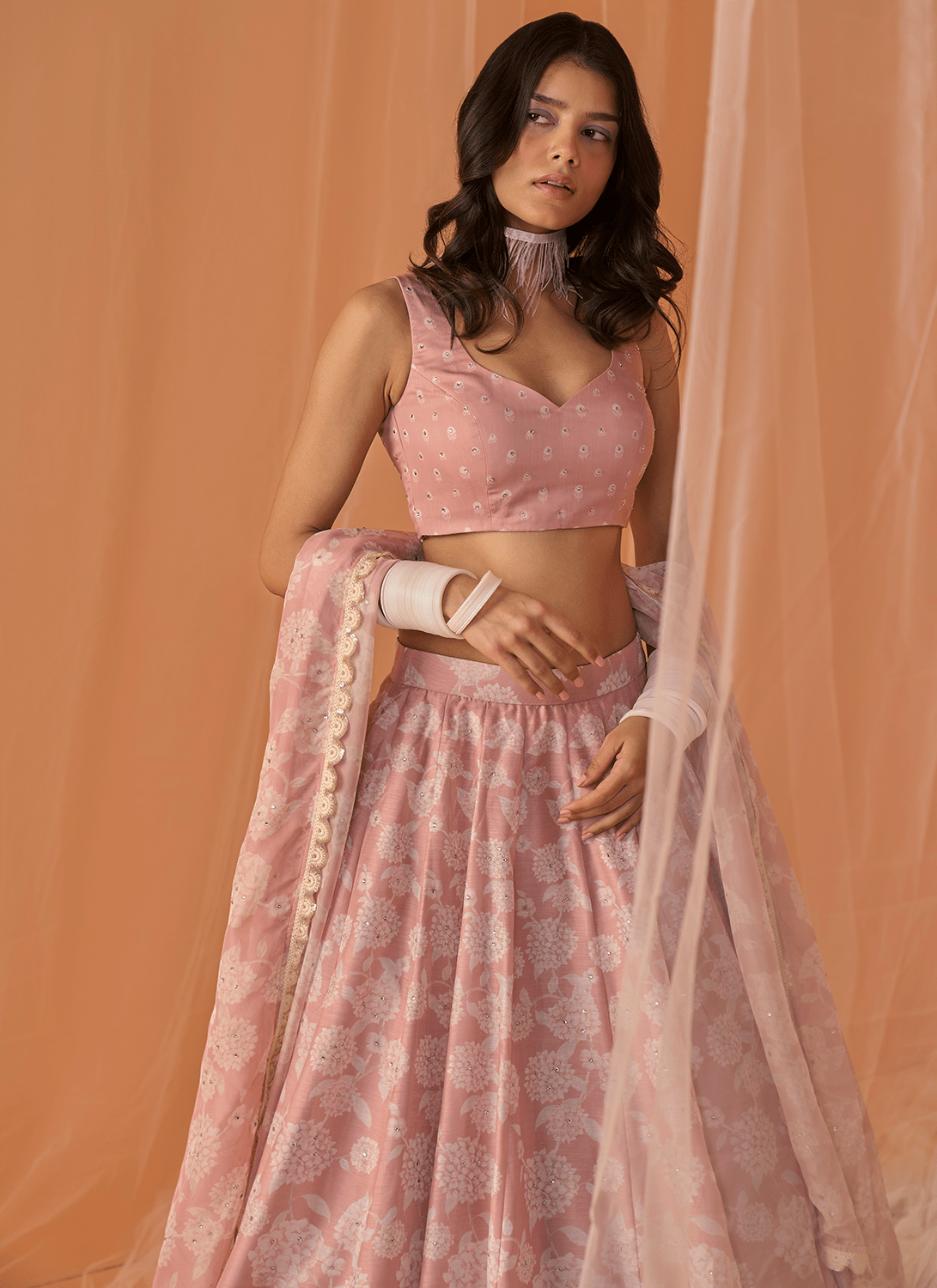 Peach White Floral Printed Lehenga - Lashkaraa