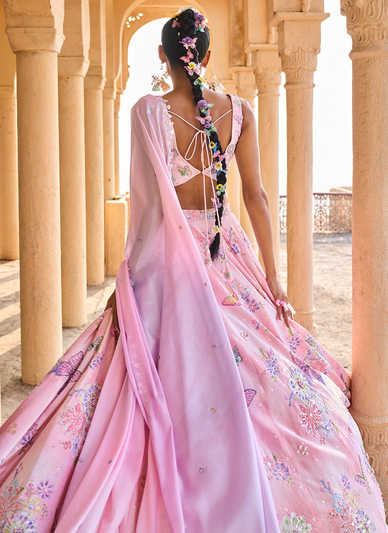 Peachy Pink Embellished Velvet Lehenga - Lashkaraa