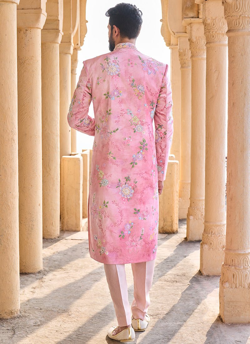 Peachy Pink Hand Embroidered Velvet Sherwani - Lashkaraa