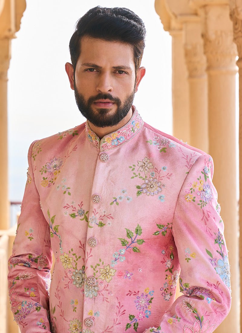 Peachy Pink Hand Embroidered Velvet Sherwani - Lashkaraa