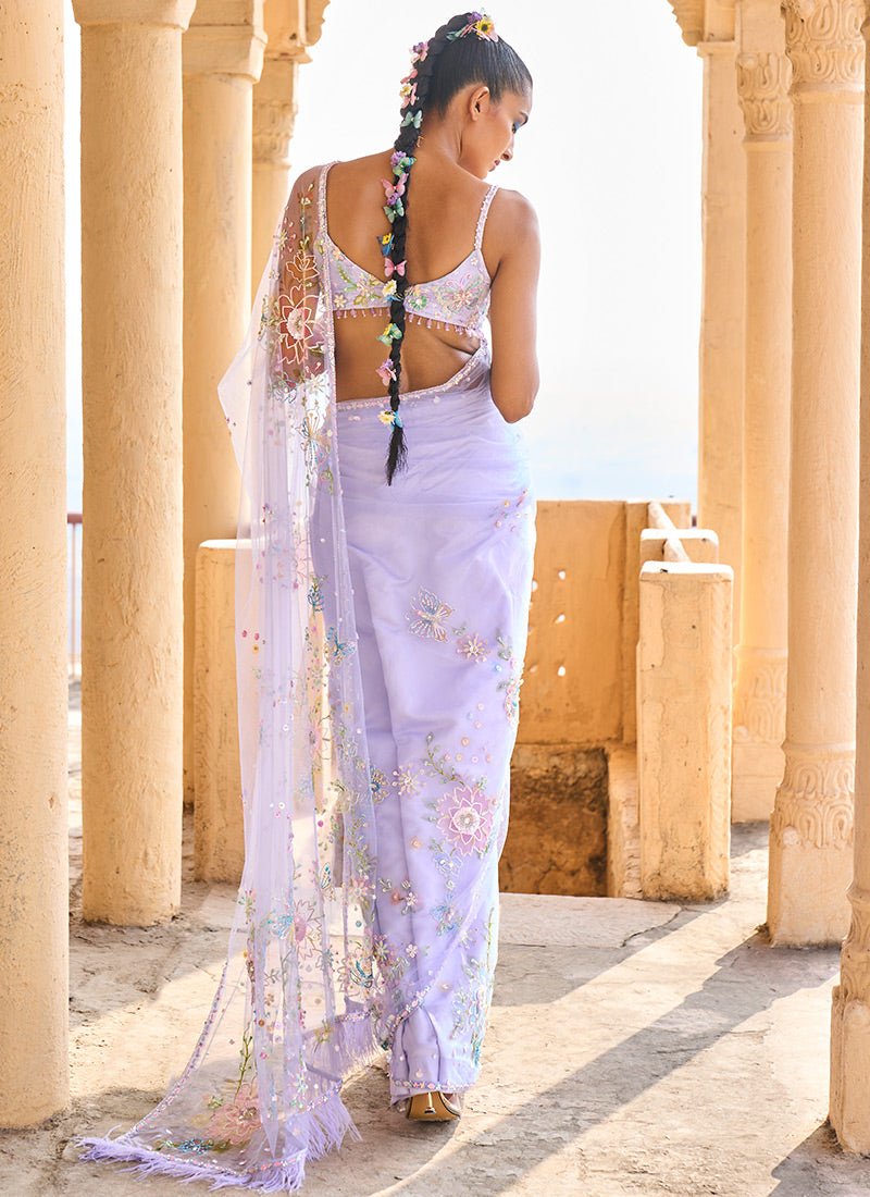 Periwinkle Embellished Net Saree - Lashkaraa
