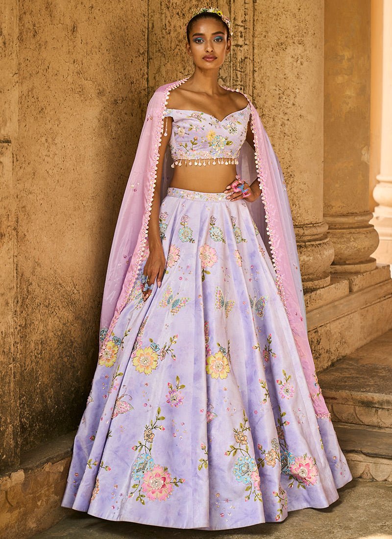 Periwinkle Embellished Velvet Lehenga - Lashkaraa